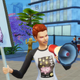 A woman holds a protest sign with a piggy bank on it and yells into a megaphone.